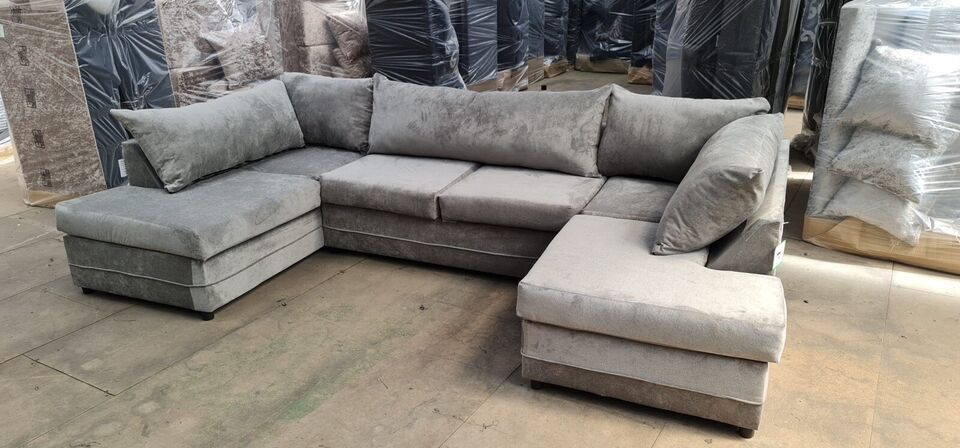 Furnish UK Kensington sofa set UK U shape sofa in gray fabric with plush cushions in warehouse