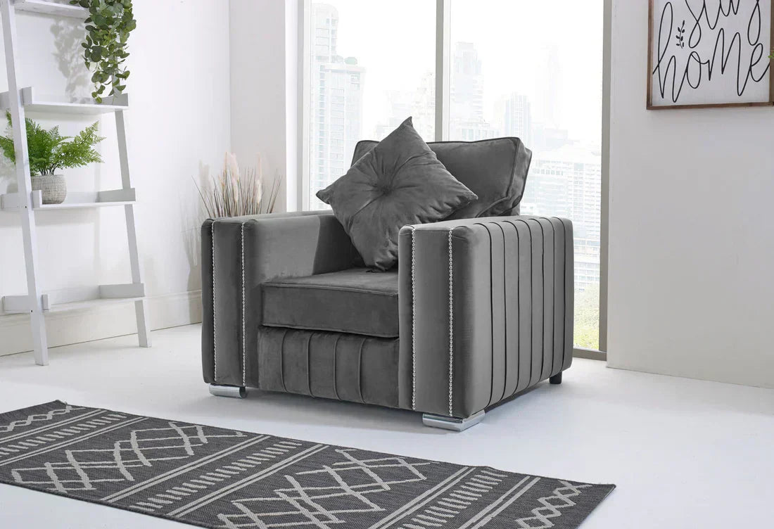Furnish UK LAYLA sofa for living room in gray velvet with tufted details and matching cushions