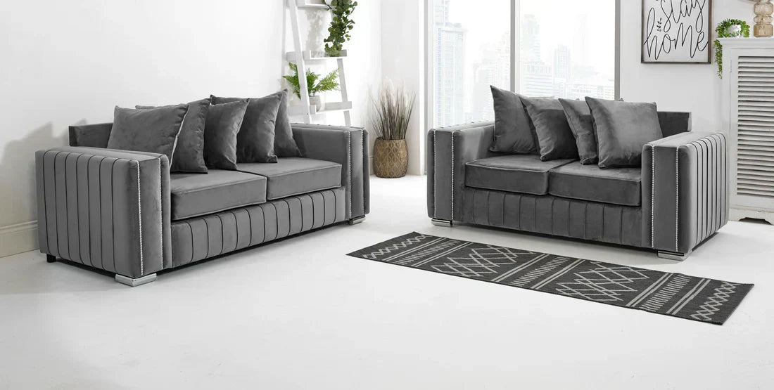 Gray LAYLA sofa for living room set with plush cushions and modern vertical stitching by Furnish UK