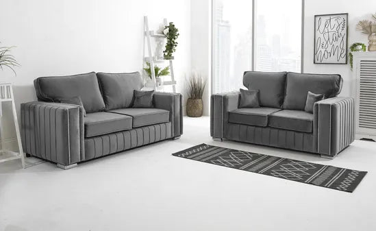 LAYLA sofa for living room set by Furnish UK in grey velvet with plush cushions and modern vertical stitching