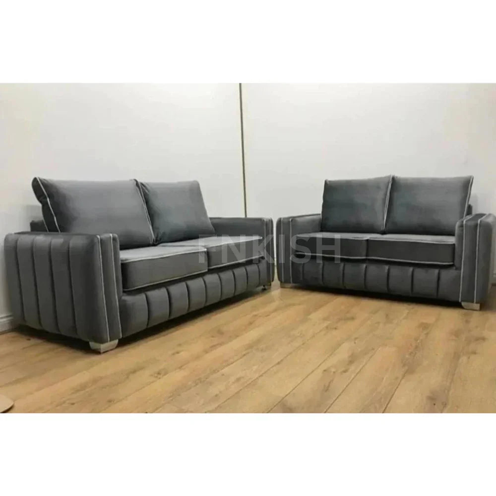 Grey upholstered LAYLA sofa for living room set with modern design and cushioned armrests