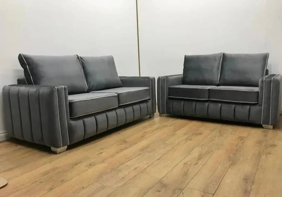 LAYLA sofa for living room set in gray velvet with modern cushioned design on wood floor