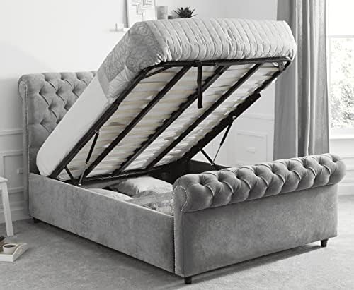 Furnish UK ottoman sleigh bed with storage in gray fabric featuring tufted headboard and footboard