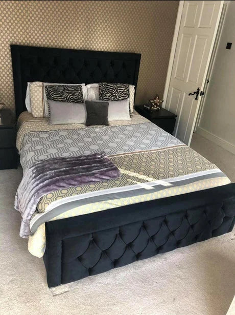 Luxury velvet bed frame in dark color with tufted headboard and footboard from Furnish UK