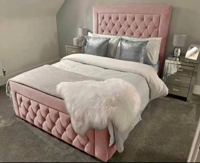 Furnish UK luxury velvet bed frame in pink with tufted headboard and matching footboard in a modern bedroom