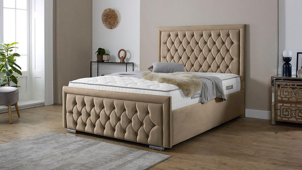 Furnish UK beige luxury velvet bed frame with tufted headboard and footboard in modern bedroom