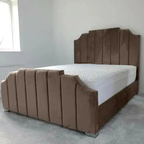 Modern Arizona bed for sale by Furnish UK with brown upholstered frame and vertical panel design