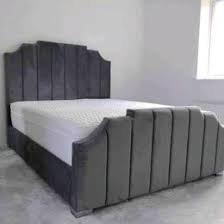 Modern Arizona bed for sale with dark gray upholstered headboard and footboard by Furnish UK