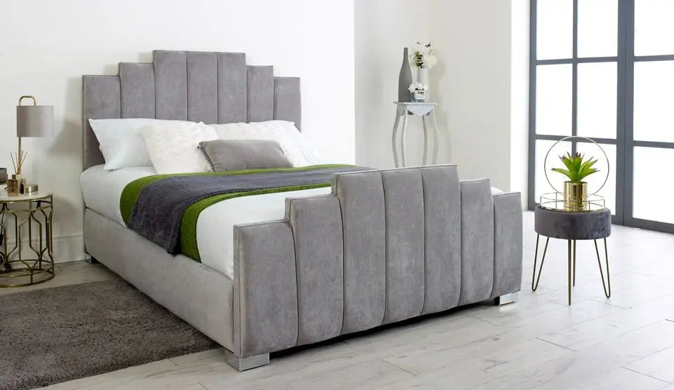 Modern Arizona bed for sale by Furnish UK in grey upholstered fabric with panelled headboard and footboard