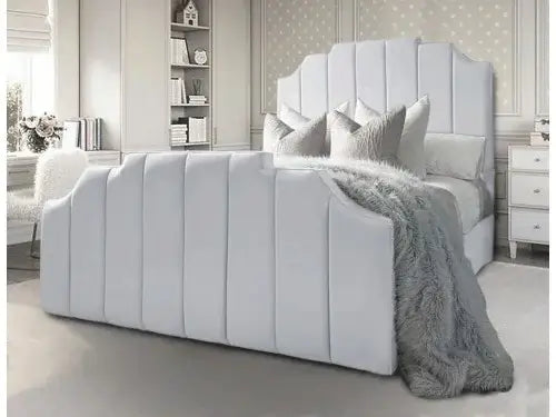 Modern Arizona bed for sale by Furnish UK in white with padded headboard and footboard in styled bedroom