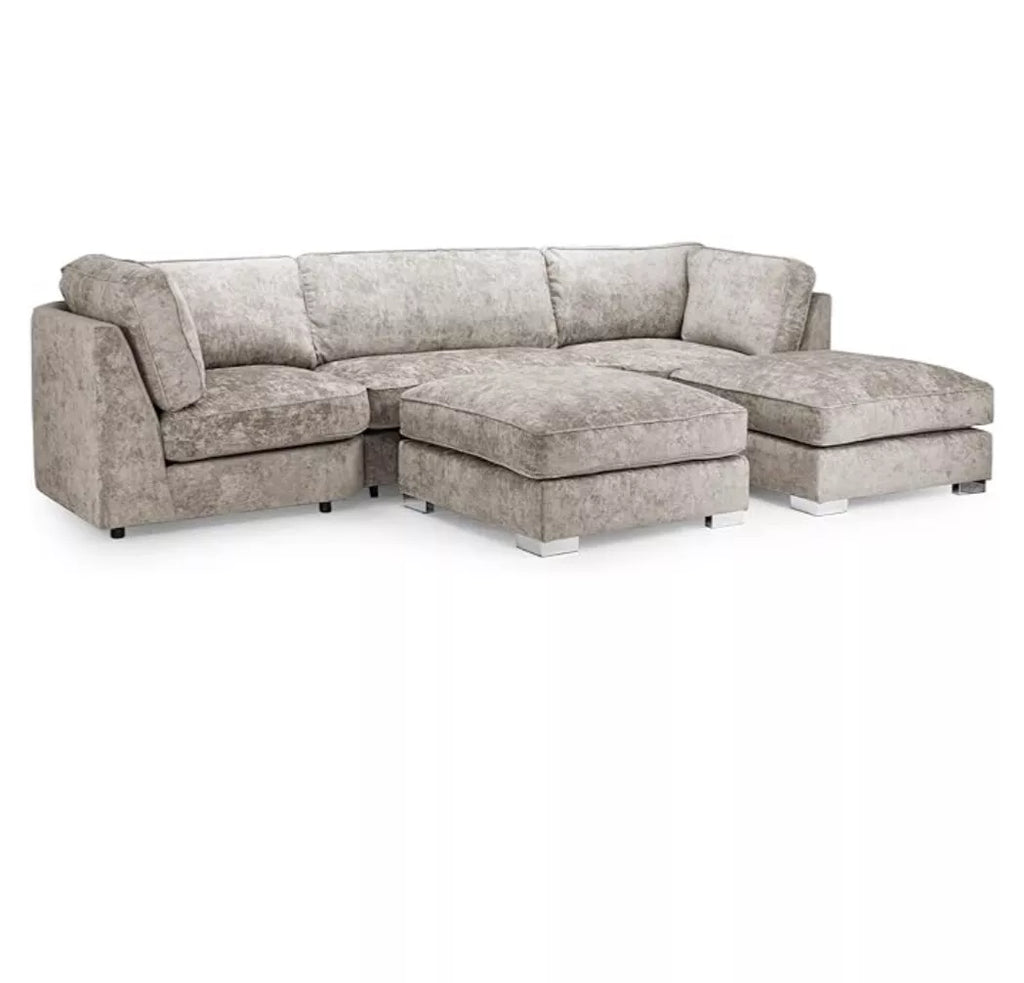 Modern beige U shaped sofa from Furnish UK with plush cushions and ottoman seating