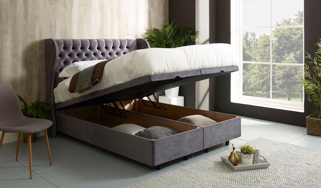 Furnish UK elegant grey ottoman divan bed with storage open showing spacious underbed storage compartment