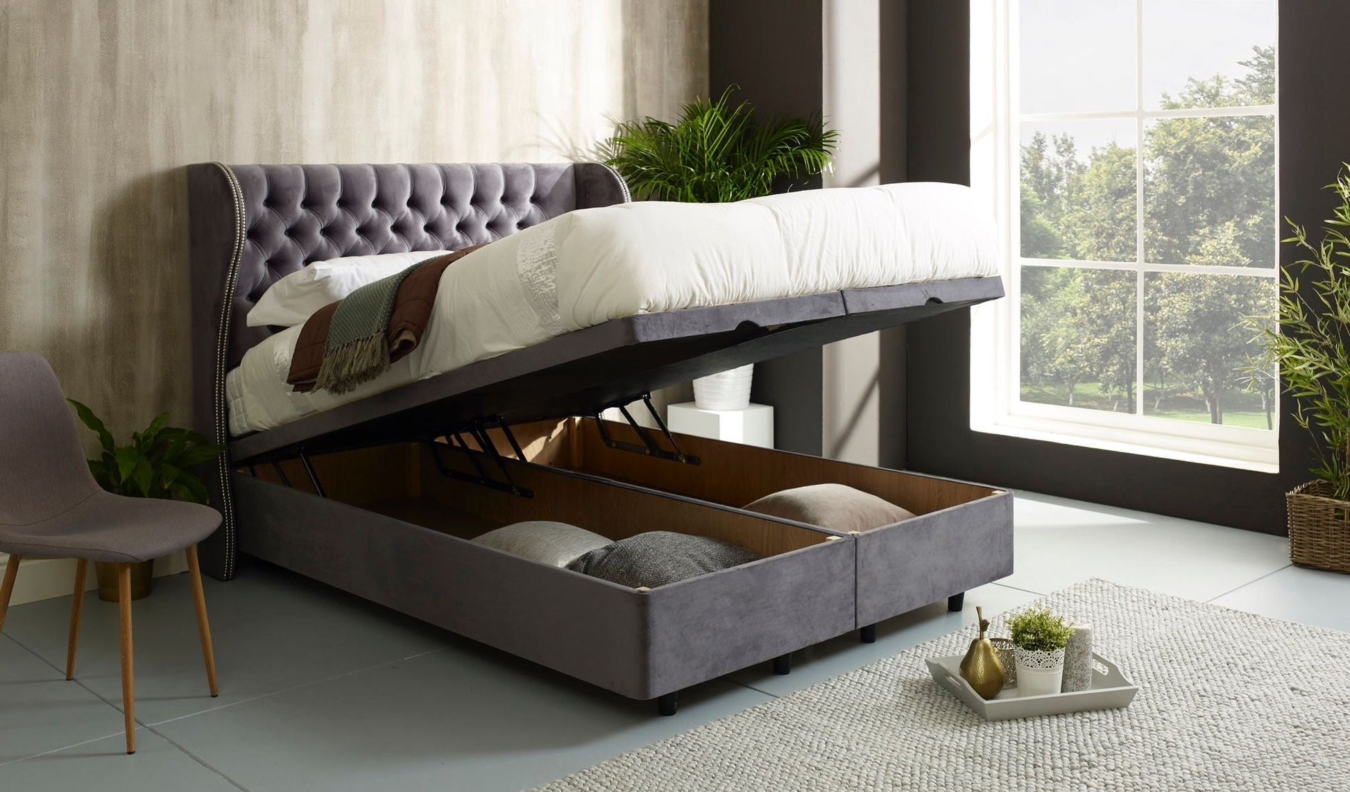 Furnish UK elegant grey ottoman divan bed with storage open showing spacious underbed storage compartment