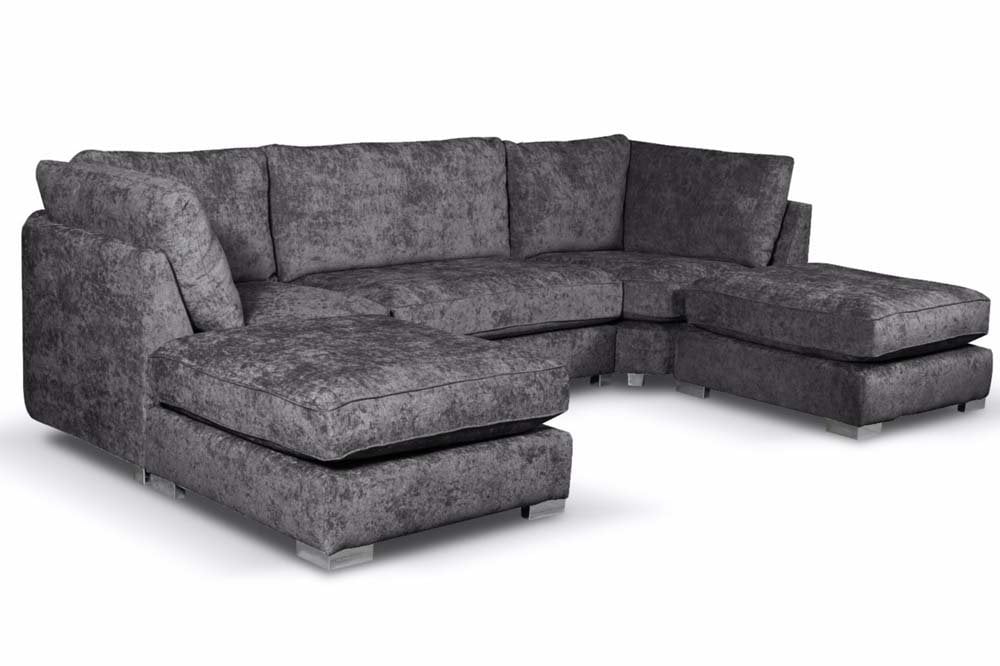 Furnish UK modern U shaped sofa for sale in dark gray fabric with plush cushions and metal legs
