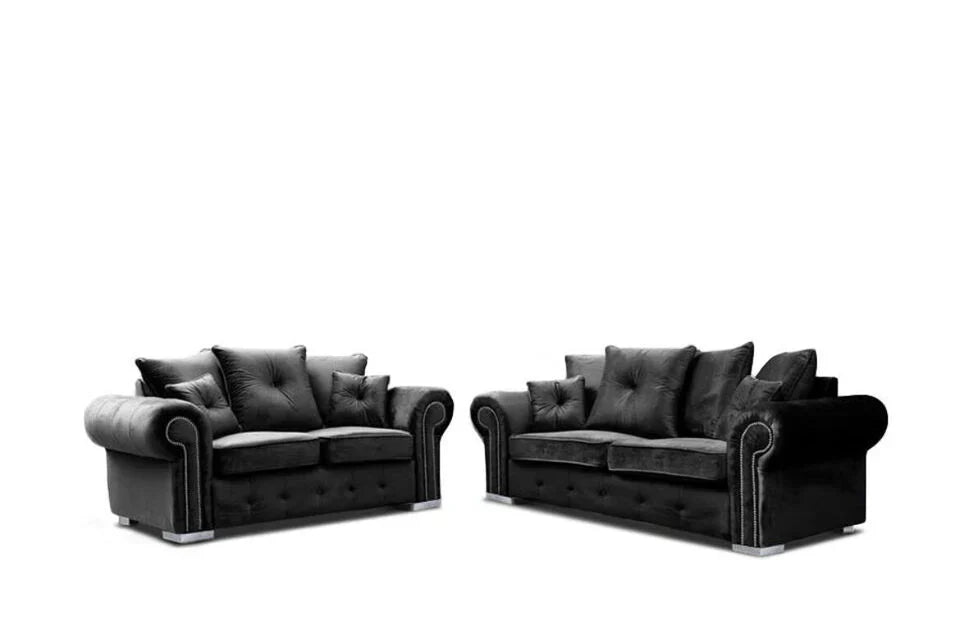Olympia plush black couch set from Furnish UK featuring soft cushioning and elegant rolled arms
