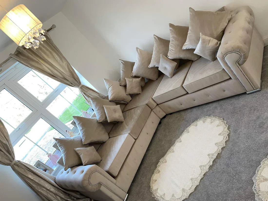 Olympia sofa set for living room in beige with plush cushions and tufted arms by Furnish UK