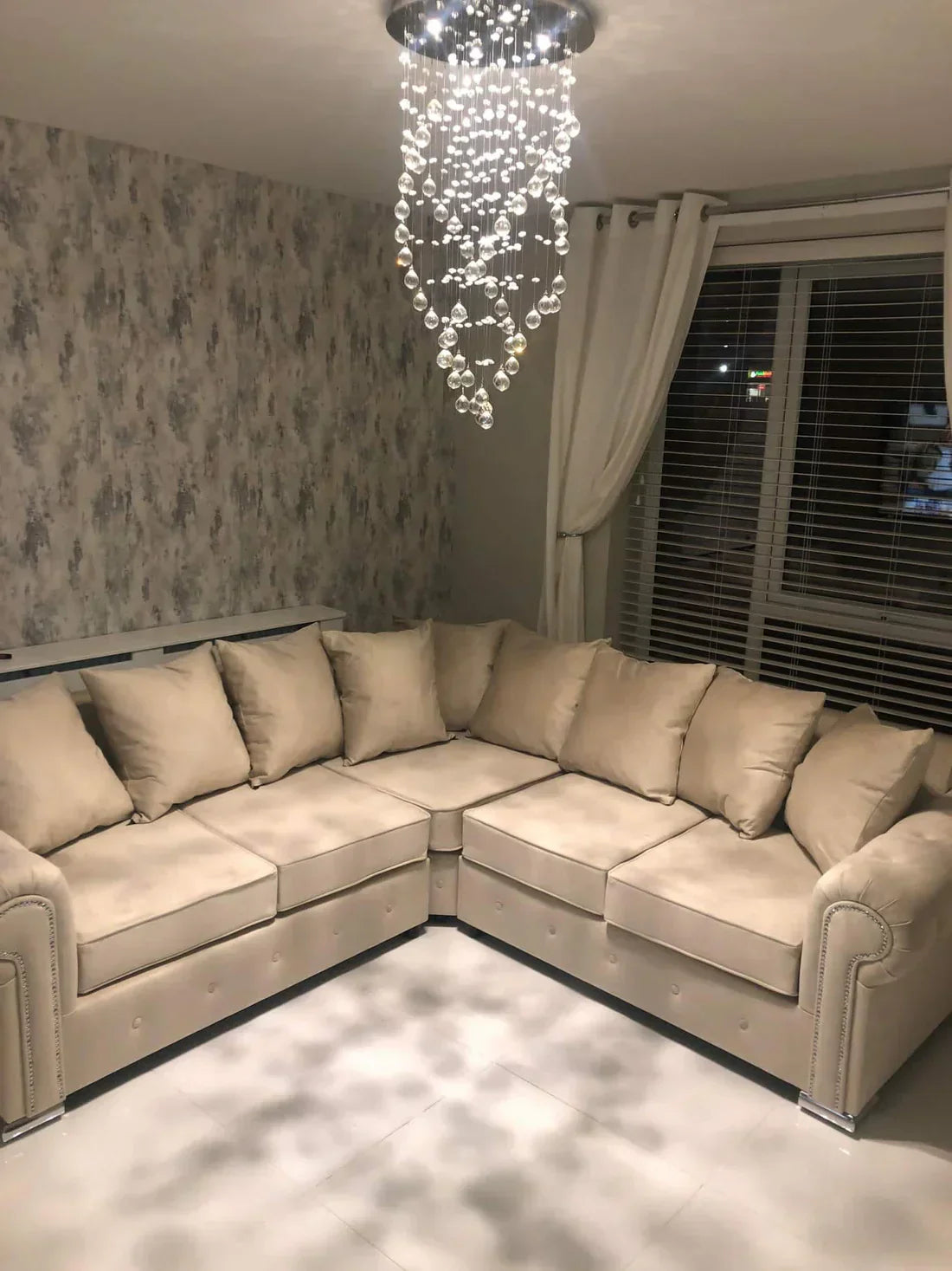 Beige Olympia sofa set for living room by Furnish UK in modern corner layout with cushions