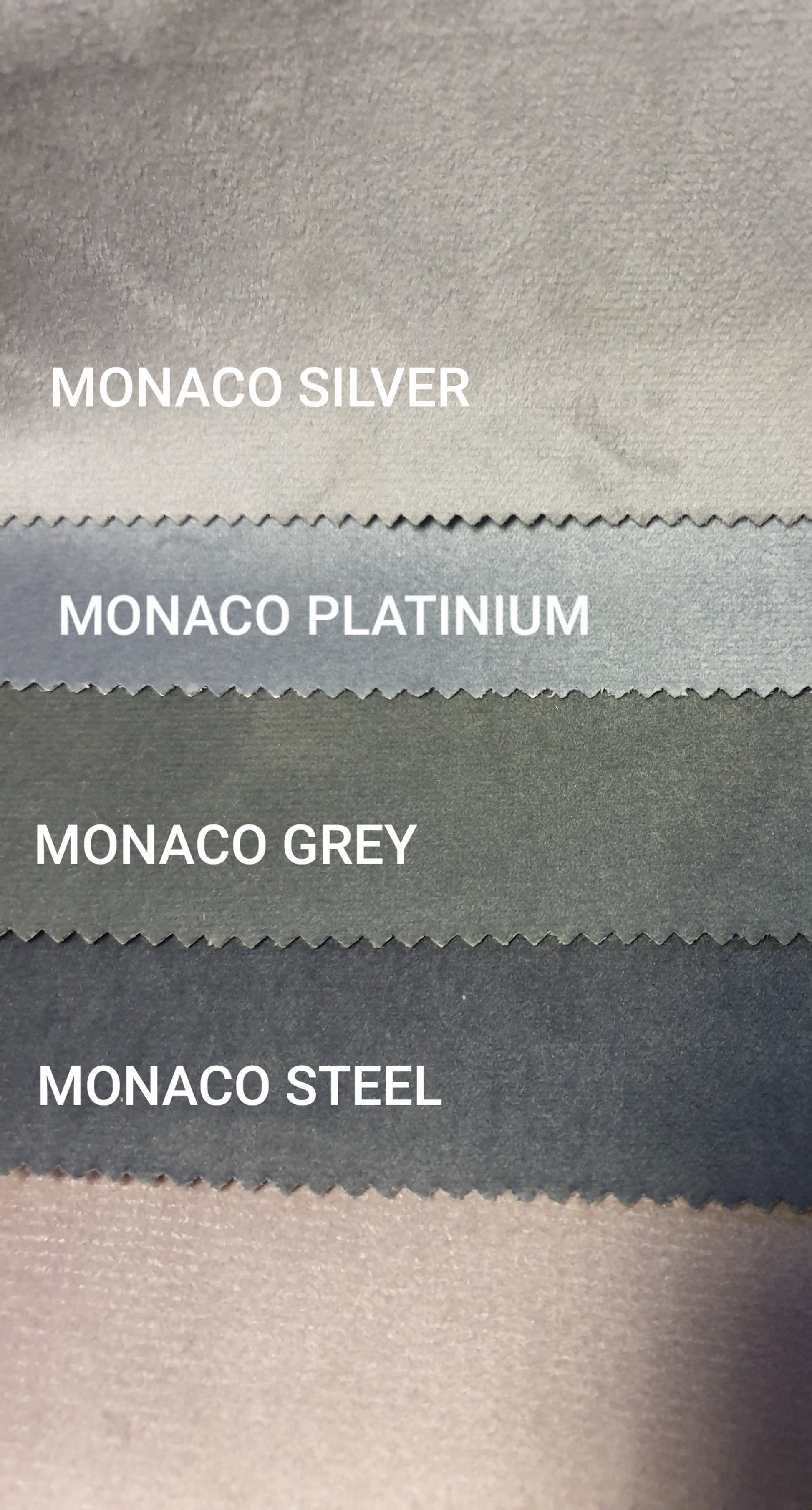 Fabric swatches for plush velvet corner sofa in Monaco Silver Platinum Grey and Steel colors from Furnish UK
