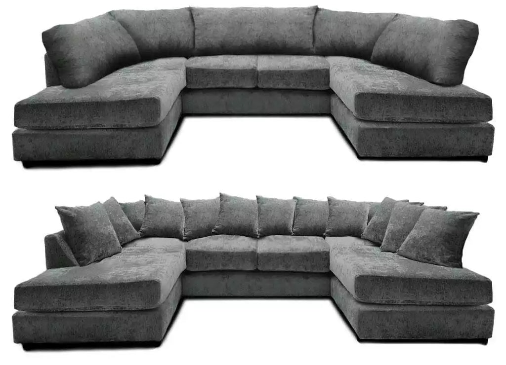 Furnish UK U shape chenille corner sofa in dark gray with cushioned seats and multiple back pillows