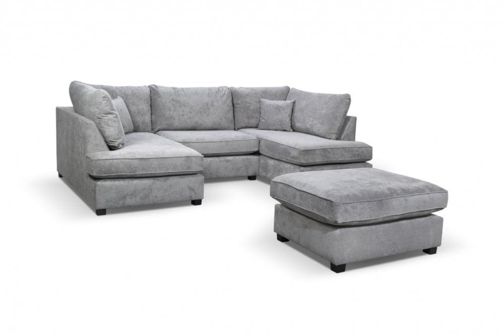 Furnish UK U shape fabric cinema sofa in light gray with soft cushions and matching ottoman