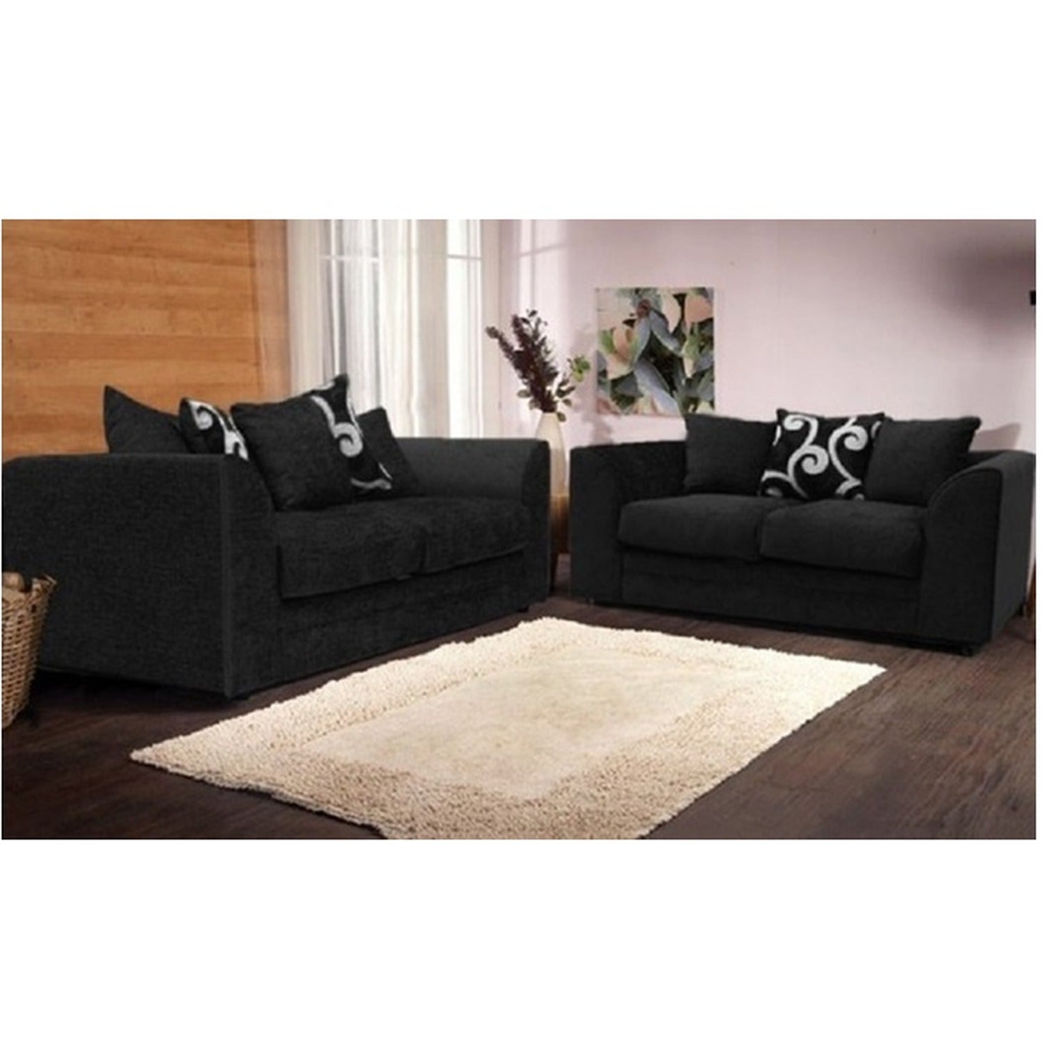 Dylan 3 and 2 seater sofa bundle in black fabric by Furnish UK in a modern living room