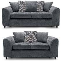 Dylan 3 and 2 seater sofa bundle in dark gray fabric with patterned and solid cushions by Furnish UK
