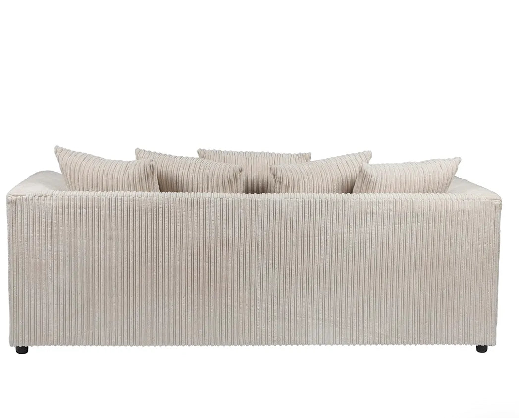 Rear view of Furnish UK DYLAN cord sofa for living room in beige cord fabric with cushions