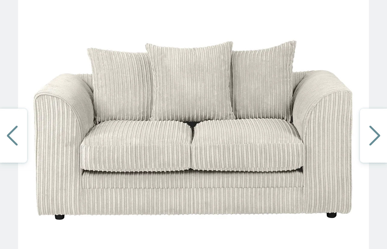 Furnish UK DYLAN cord sofa for living room cream 3 seat couch with soft cord fabric and three cushions