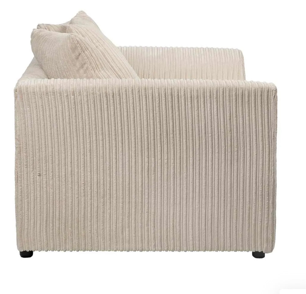 Side view of beige DYLAN cord sofa for living room by Furnish UK with soft textured cord fabric