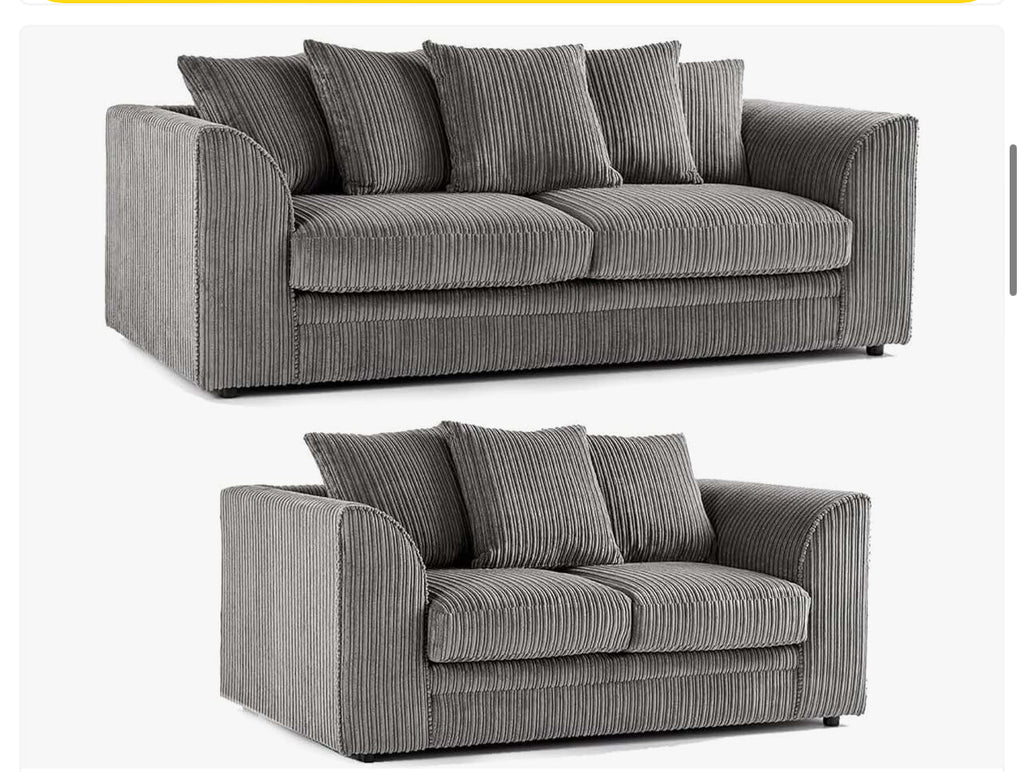 DYLAN cord sofa for living room 3 plus 2 piece set in grey cord fabric with plush cushions by Furnish UK