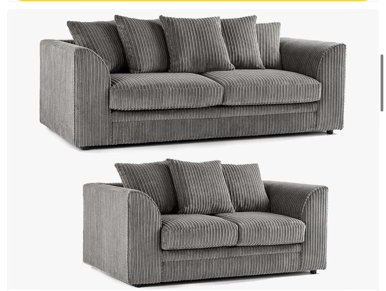 DYLAN cord sofa for living room 3 plus 2 piece set in grey cord fabric with plush cushions by Furnish UK