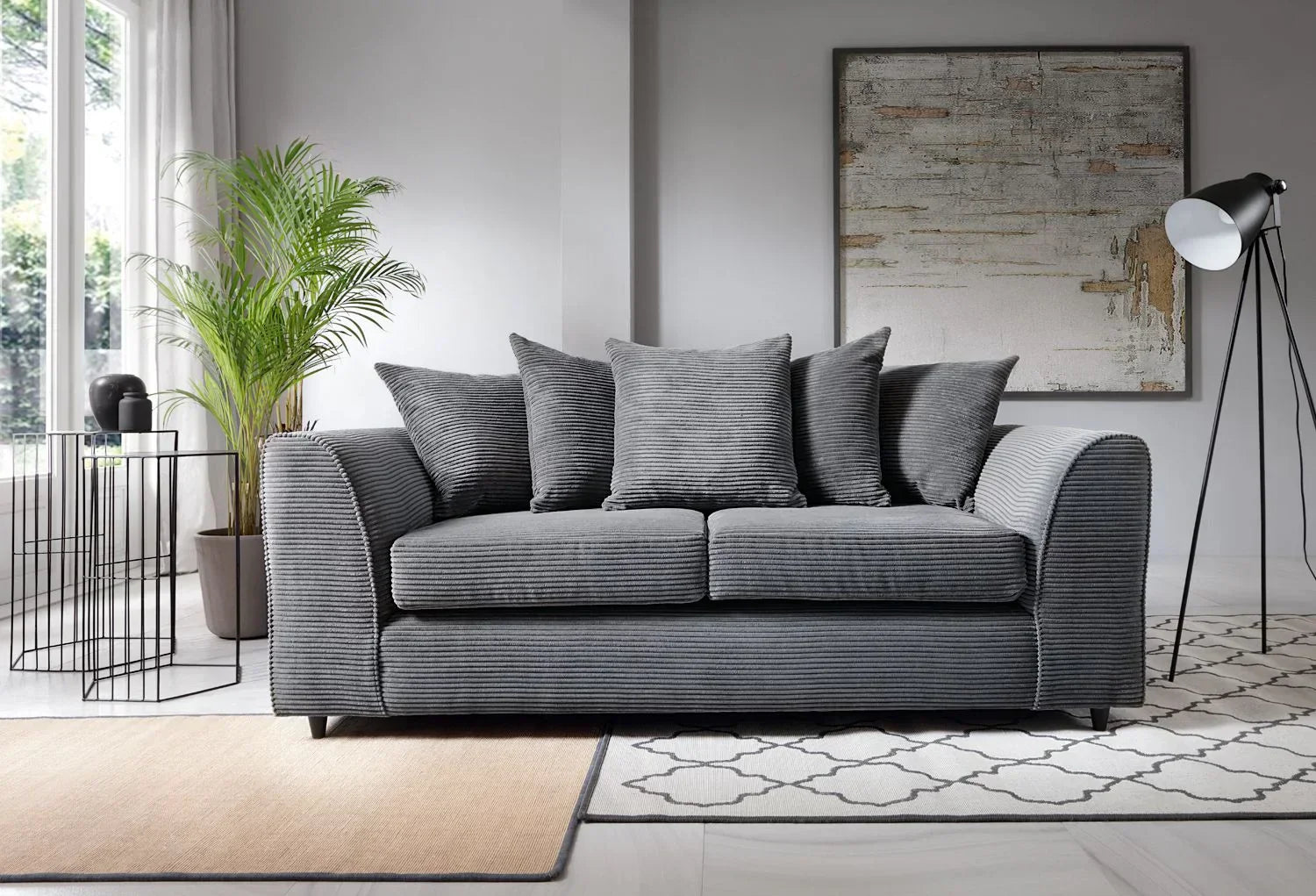 DYLAN cord sofa for living room 3 plus 2 sofa set in gray with plush cushions by Furnish UK