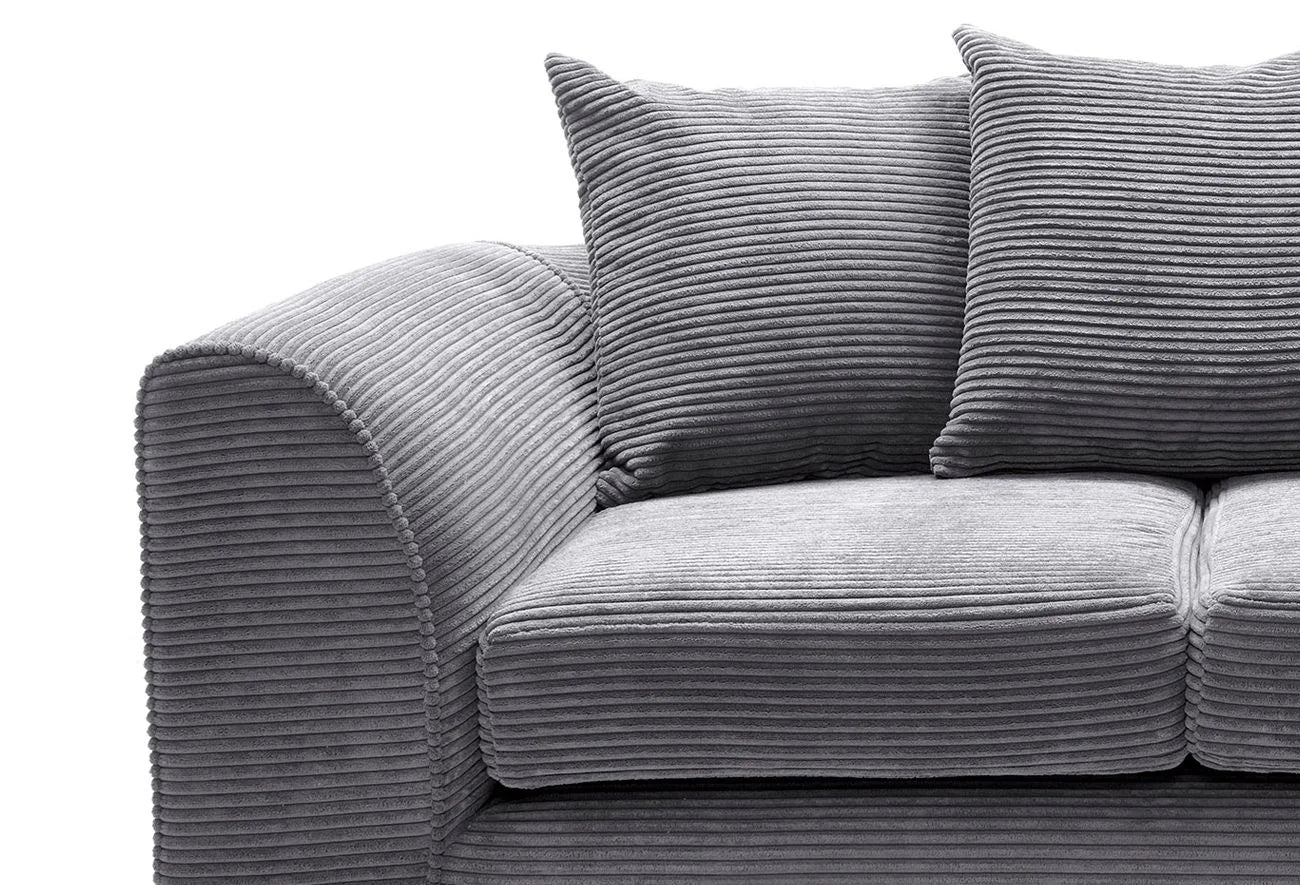 Close-up of Furnish UK DYLAN cord sofa for living room in gray with soft corduroy fabric and cushions