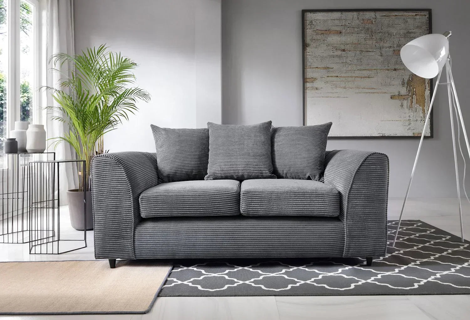 Modern grey DYLAN cord sofa for living room with soft cushions in stylish contemporary setting