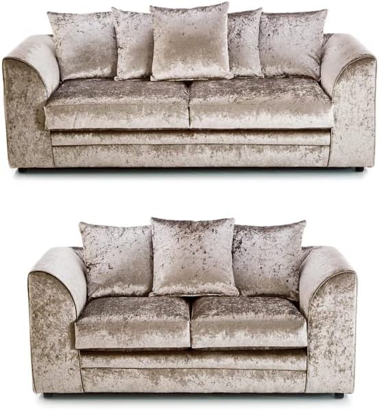 Dylan crushed velvet 3 plus 2 seater sofa set in beige with plush cushions by Furnish UK