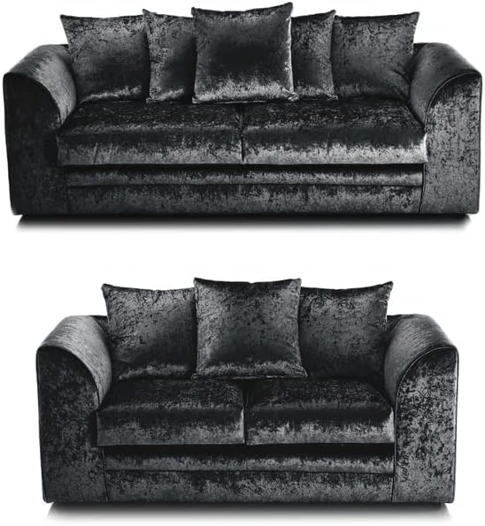 Dylan crushed velvet 3 plus 2 seater sofa set in black with plush cushions and curved armrests