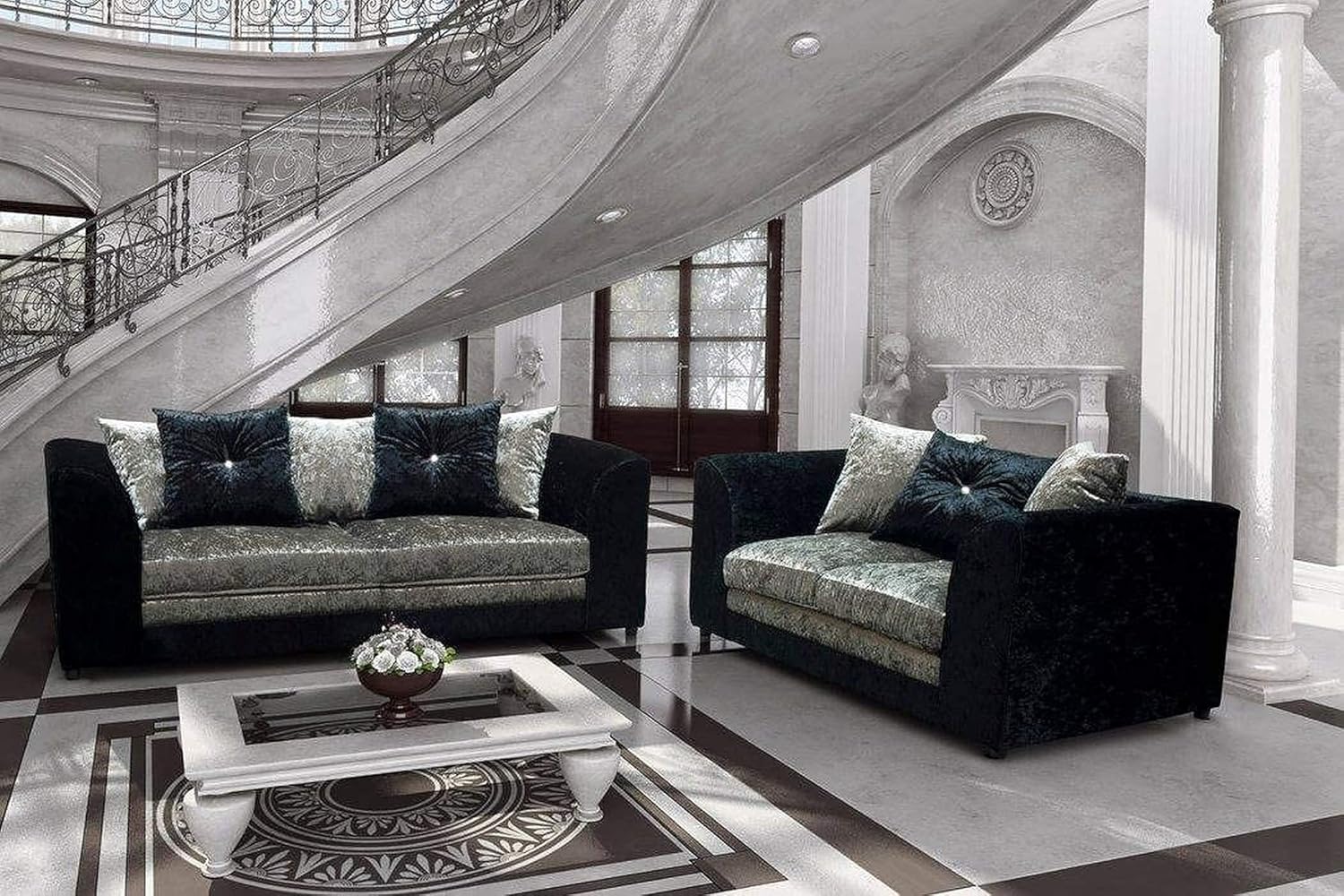 Dylan crushed velvet 3 plus 2 seater sofa set by Furnish UK in black and grey with decorative cushions