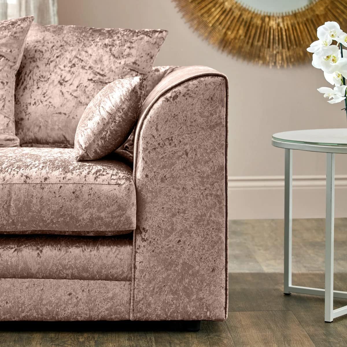 Dylan crushed velvet 3 plus 2 seater sofa set in a soft pink shade from Furnish UK, featuring plush cushions and elegant design