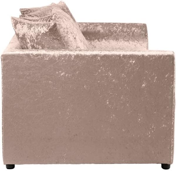 Side view of dylan crushed velvet 3 plus 2 seater sofa set in soft pink with cushions