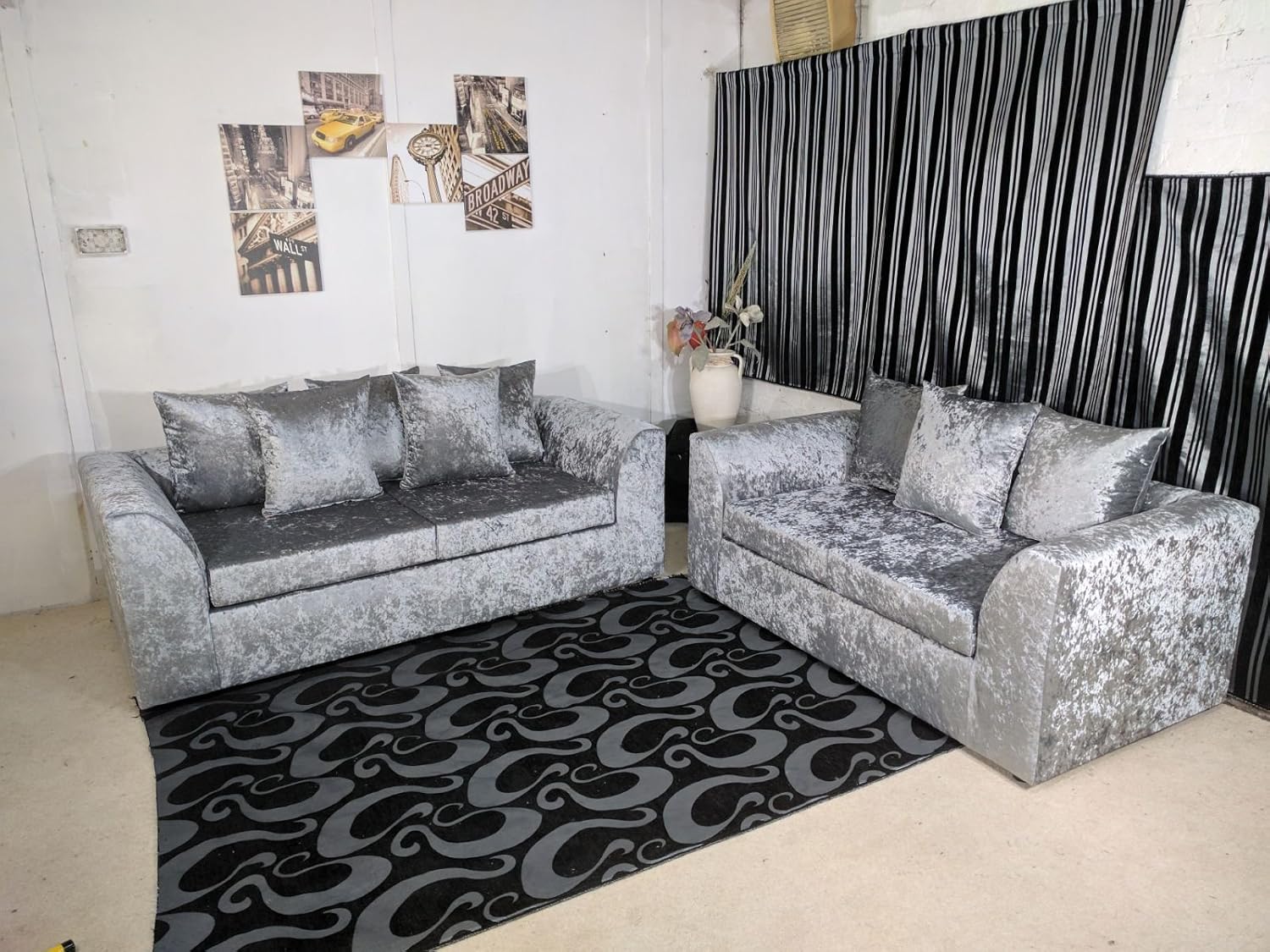 Dylan crushed velvet 3 plus 2 seater sofa set in silver gray with plush cushions in stylish living room