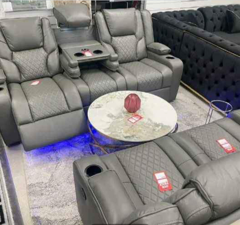 Furnish UK electric leather recliner sofa set in gray with cup holders and quilted design