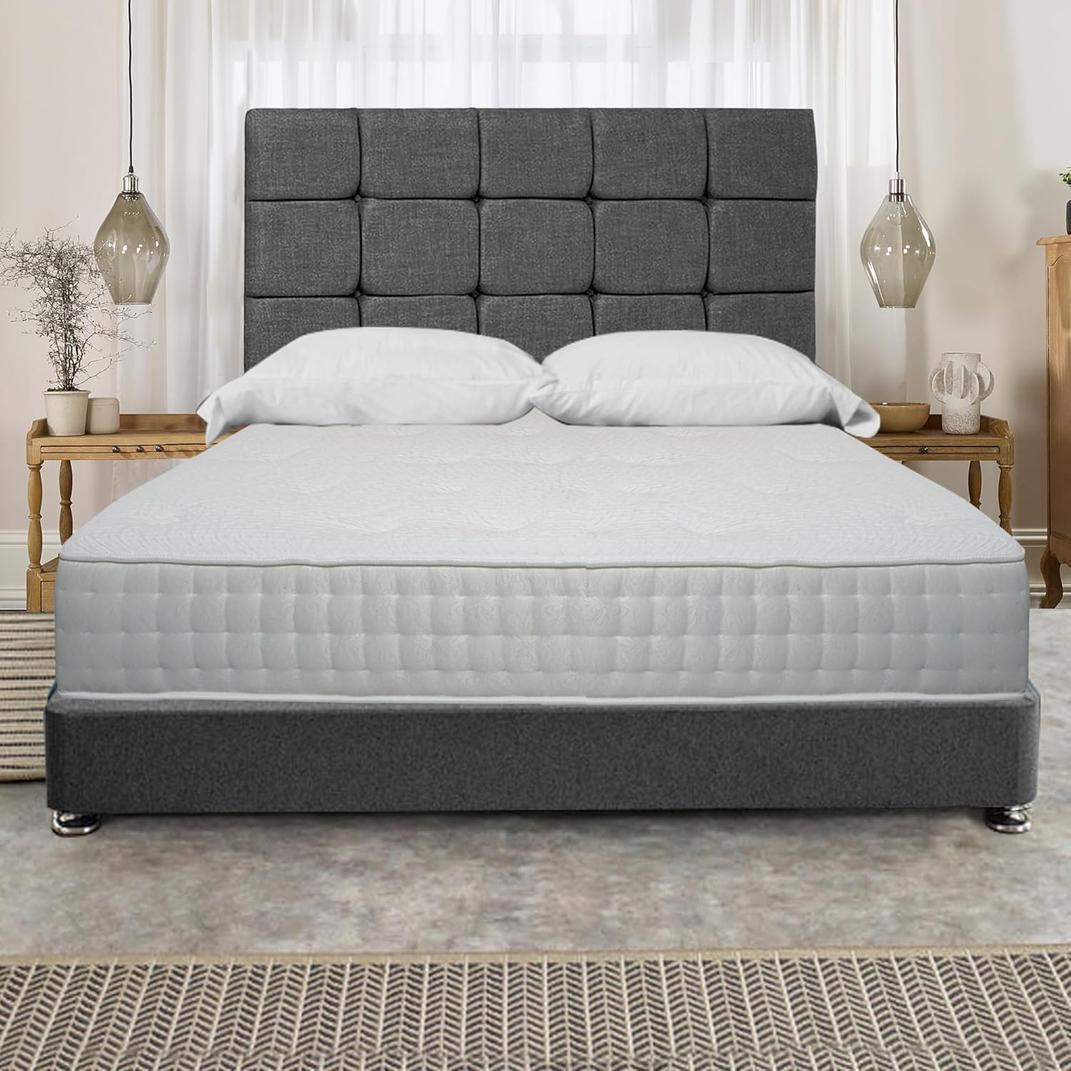 Furnish UK modern upholstered divan bed in gray with tufted headboard and white bedding
