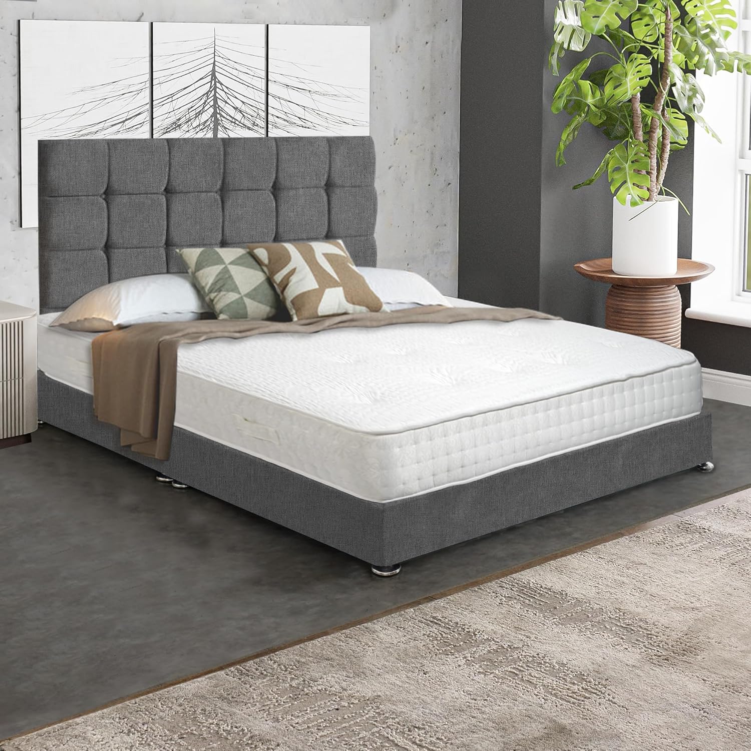 Furnish UK modern upholstered divan bed in grey fabric with tufted headboard and white mattress