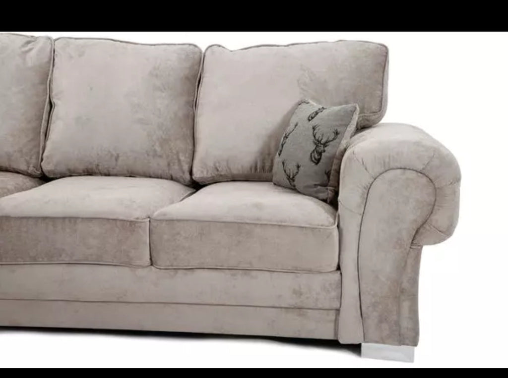 Furnish UK Verona corner sofa in light gray with plush cushions and rolled armrest