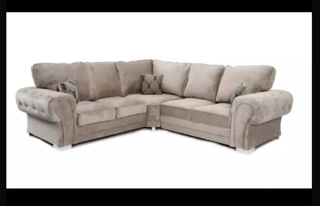 Verona corner sofa from Furnish UK in beige fabric with cushioned seats and rolled armrests