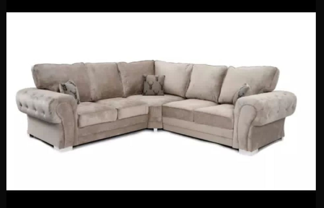 Verona corner sofa from Furnish UK in beige fabric with cushioned seats and rolled armrests