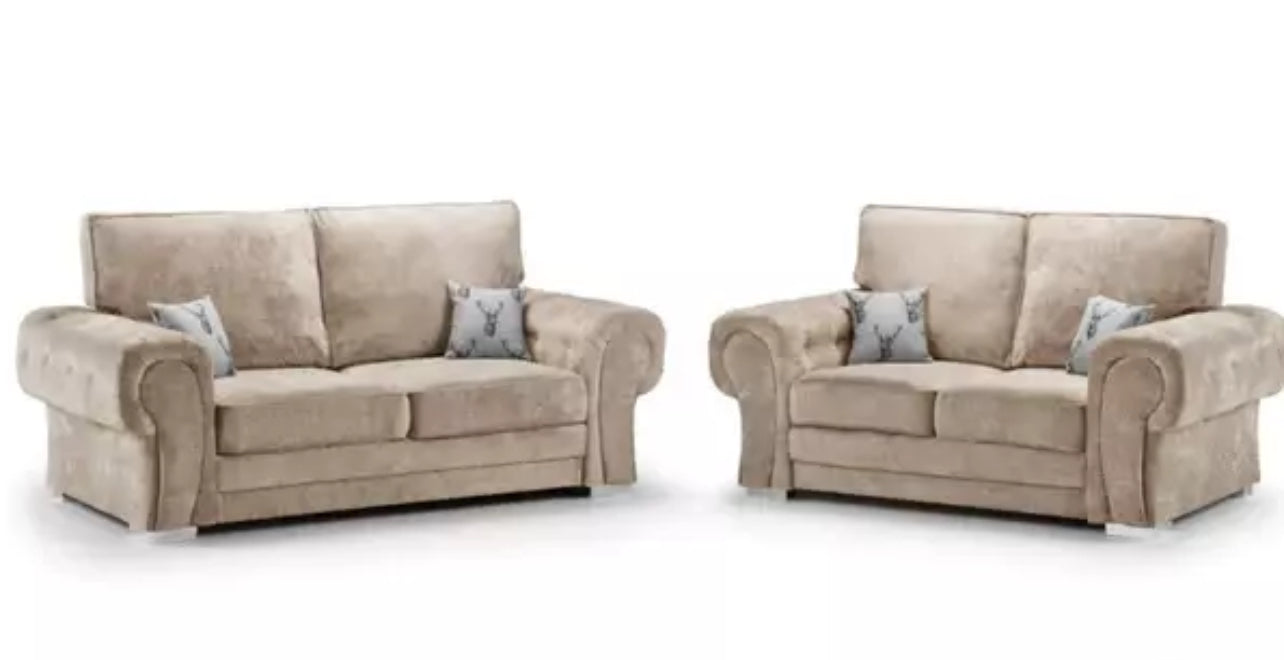 Beige Verona corner sofa by Furnish UK featuring plush cushions and rolled armrests with decorative pillows