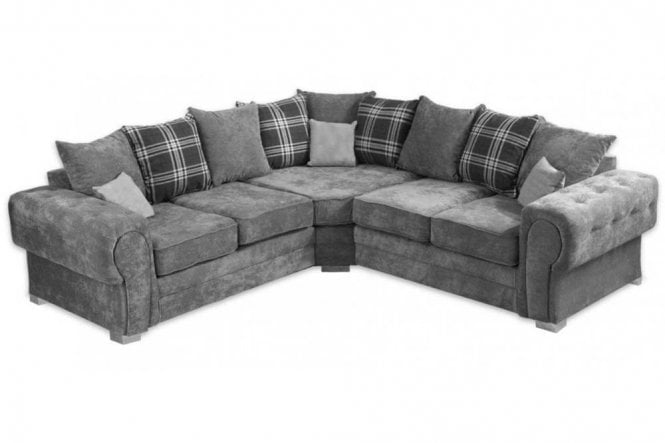 Furnish UK Verona corner sofa in grey fabric with rolled arms and plaid back cushions