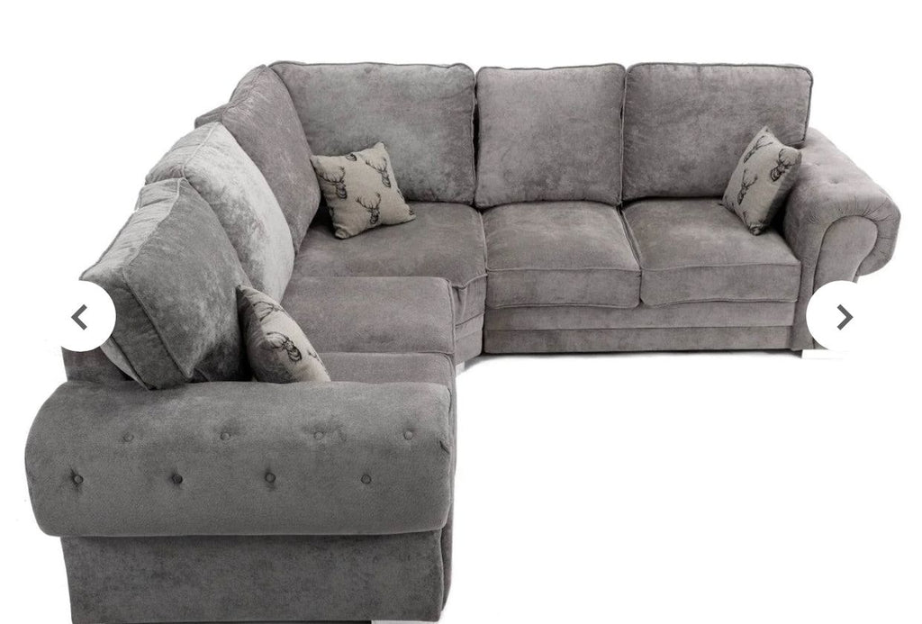 Verona corner sofa in grey fabric with plush cushions and button detailing by Furnish UK