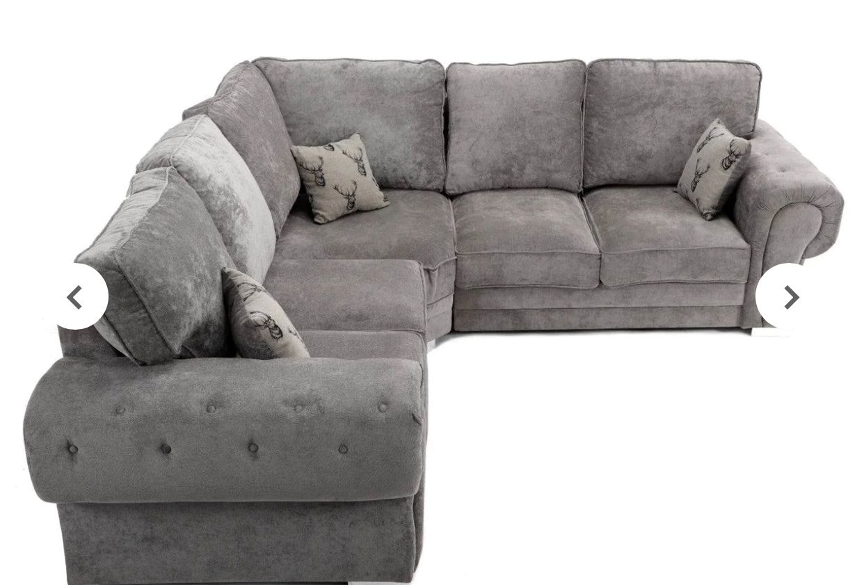Verona corner sofa in grey fabric with plush cushions and button detailing by Furnish UK